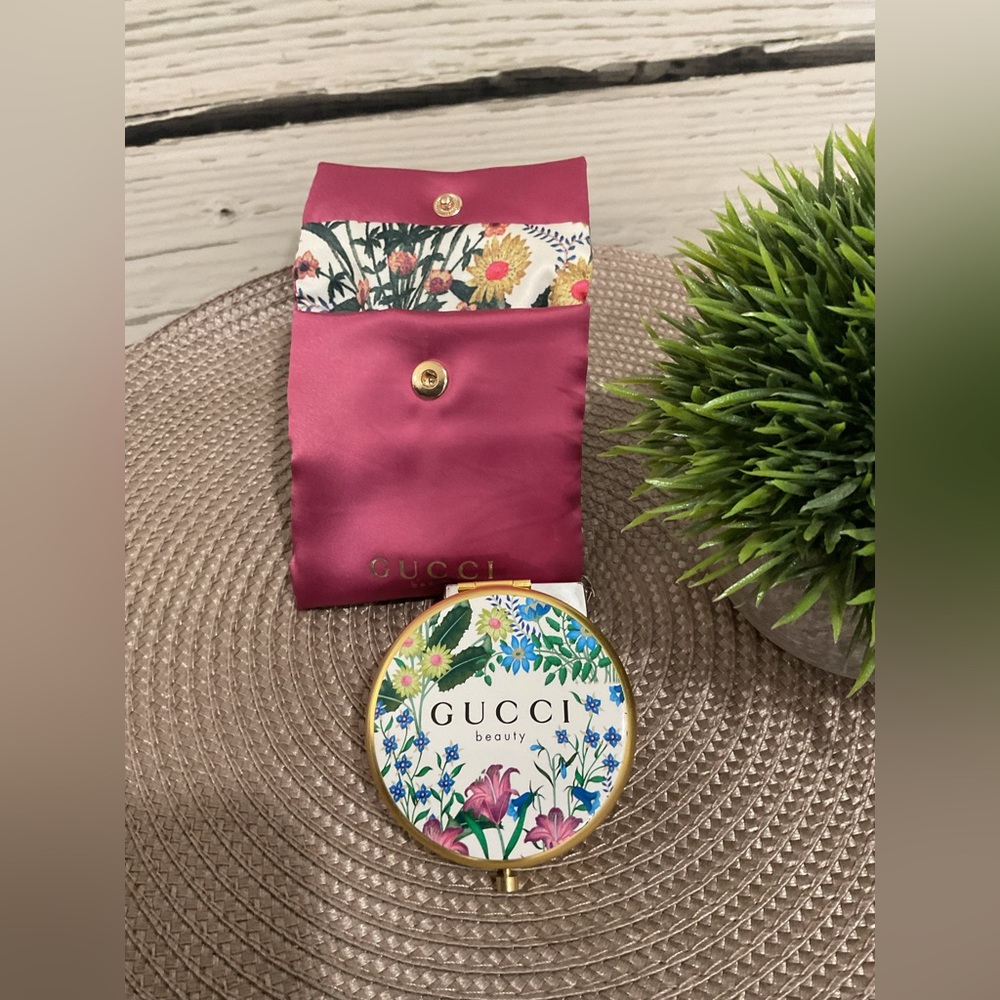 Gucci Gold Floral Compact Mirror with Red Pouch